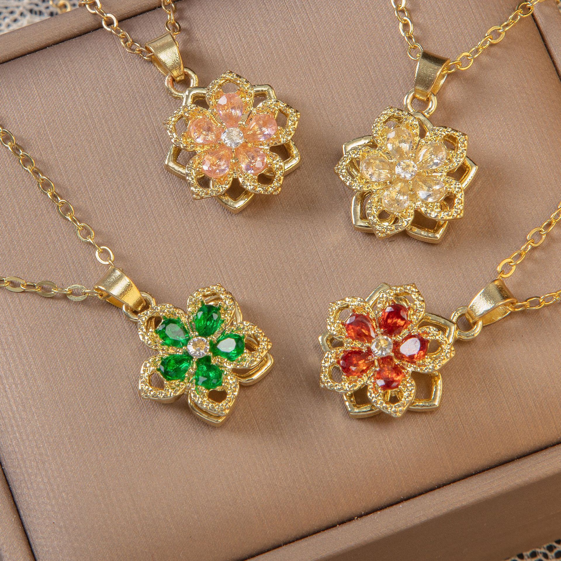 Pink Rotating Bauhinia Zircon Flower Pendant Necklace - Alloy and Zircon view 5