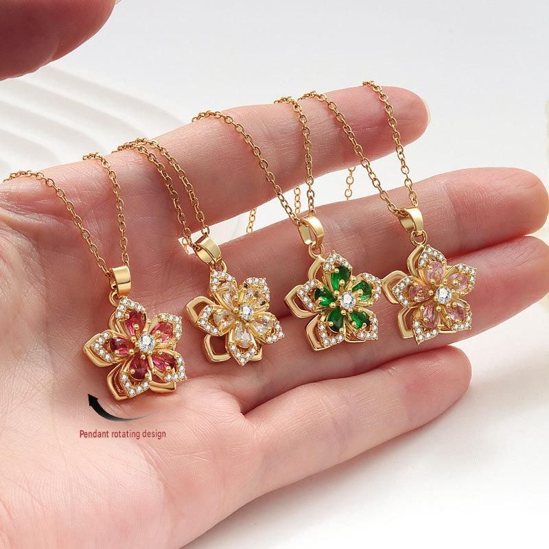 Green Rotating Bauhinia Zircon Flower Pendant Necklace - Alloy and Zircon view 3
