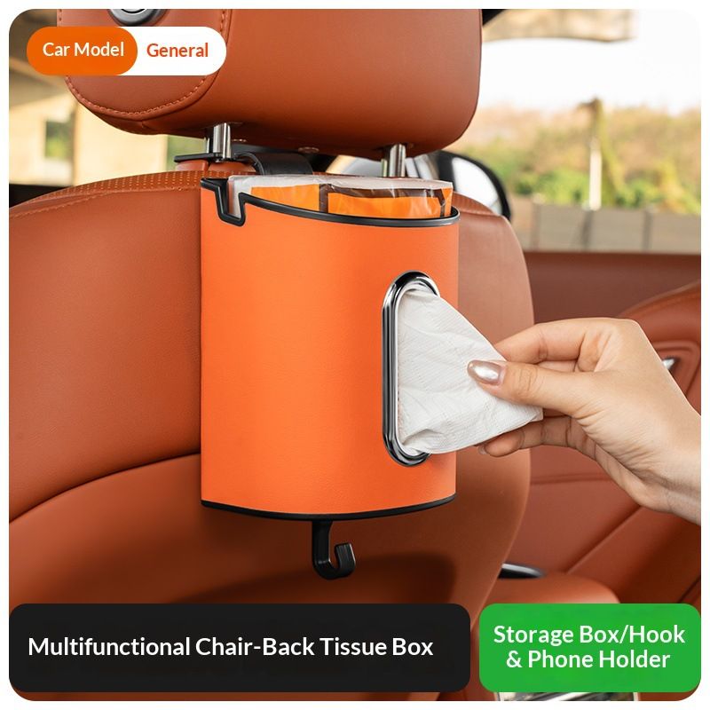 Brown Multifunctional Car Seat Back Tissue Box - ABS and Faux Leather - Phone view 3