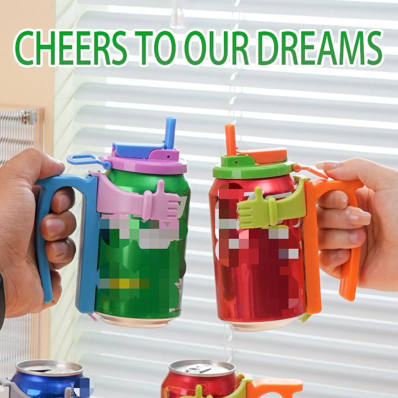 Grey Soda Can Lid and Handle Holder Set - Anti-Overflow Plastic Cover with view 2