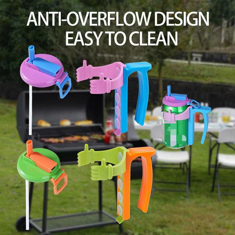 Grey Soda Can Lid and Handle Holder Set - Anti-Overflow Plastic Cover with view 3