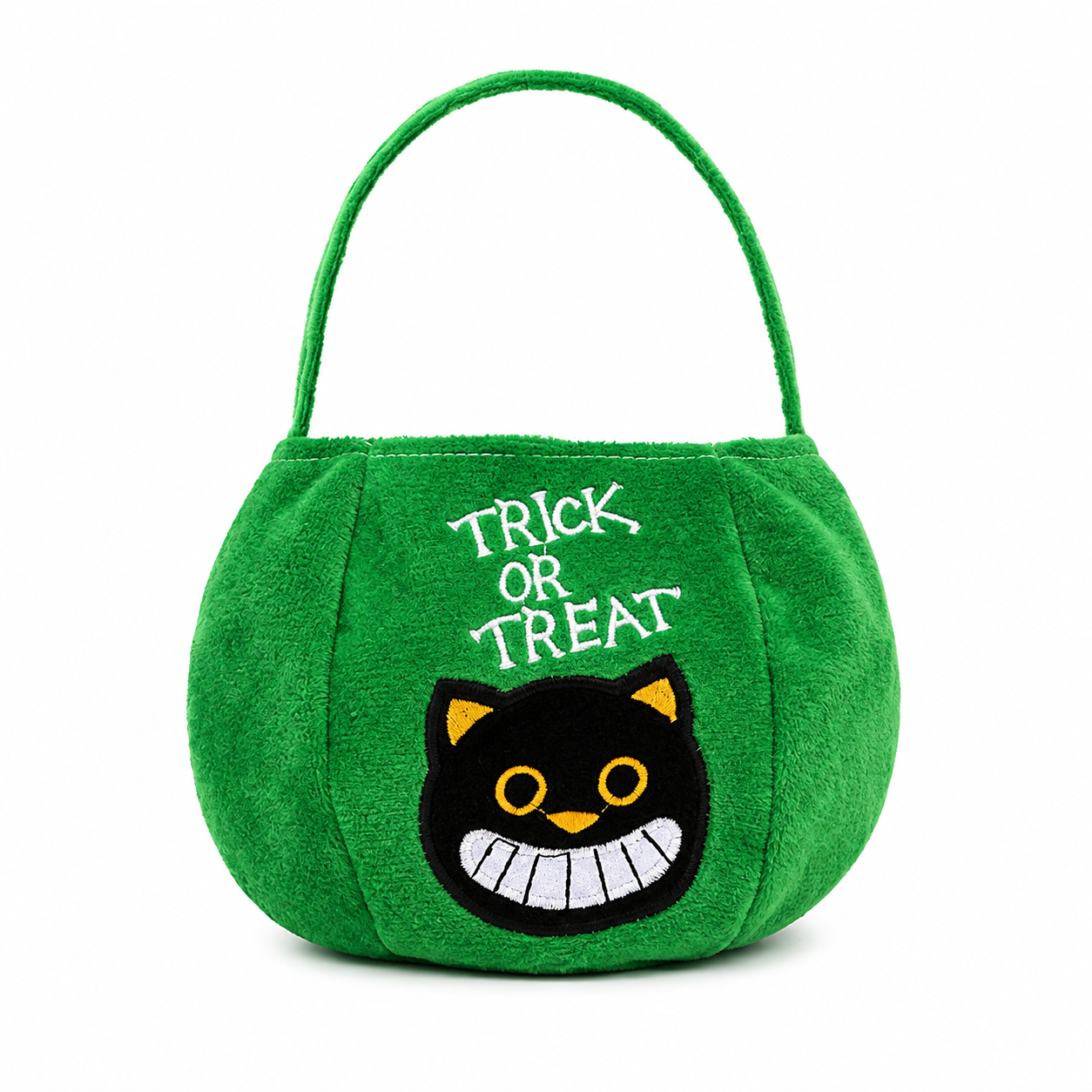 Green bag with black cat design - Plush Halloween Trick or Treat Candy Bag