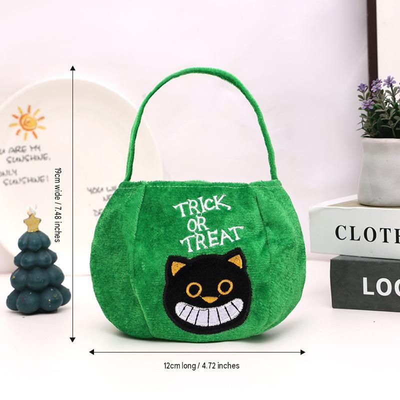 Green bag with black cat design - Plush Halloween Trick or Treat Candy Bag view 6