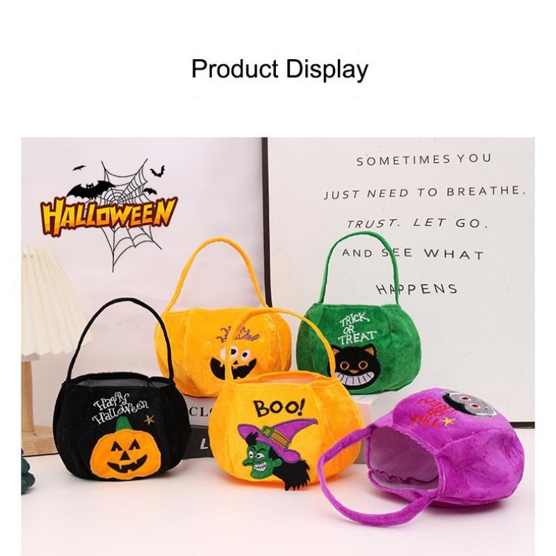 Black bag with a pumpkin pattern - Plush Halloween Trick or Treat Candy Bag view 5