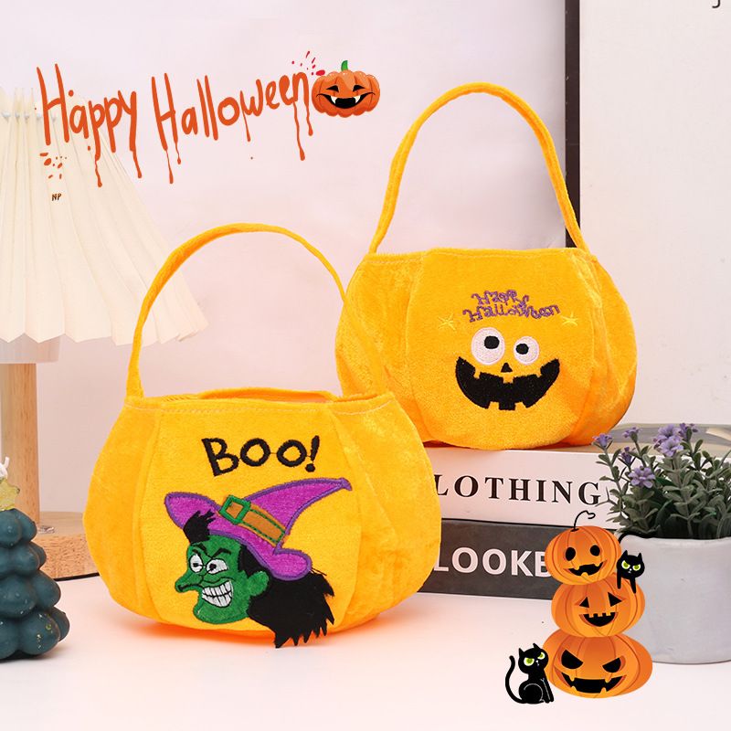 Yellow bag with a pumpkin pattern - Plush Halloween Trick or Treat Candy Bag view 2