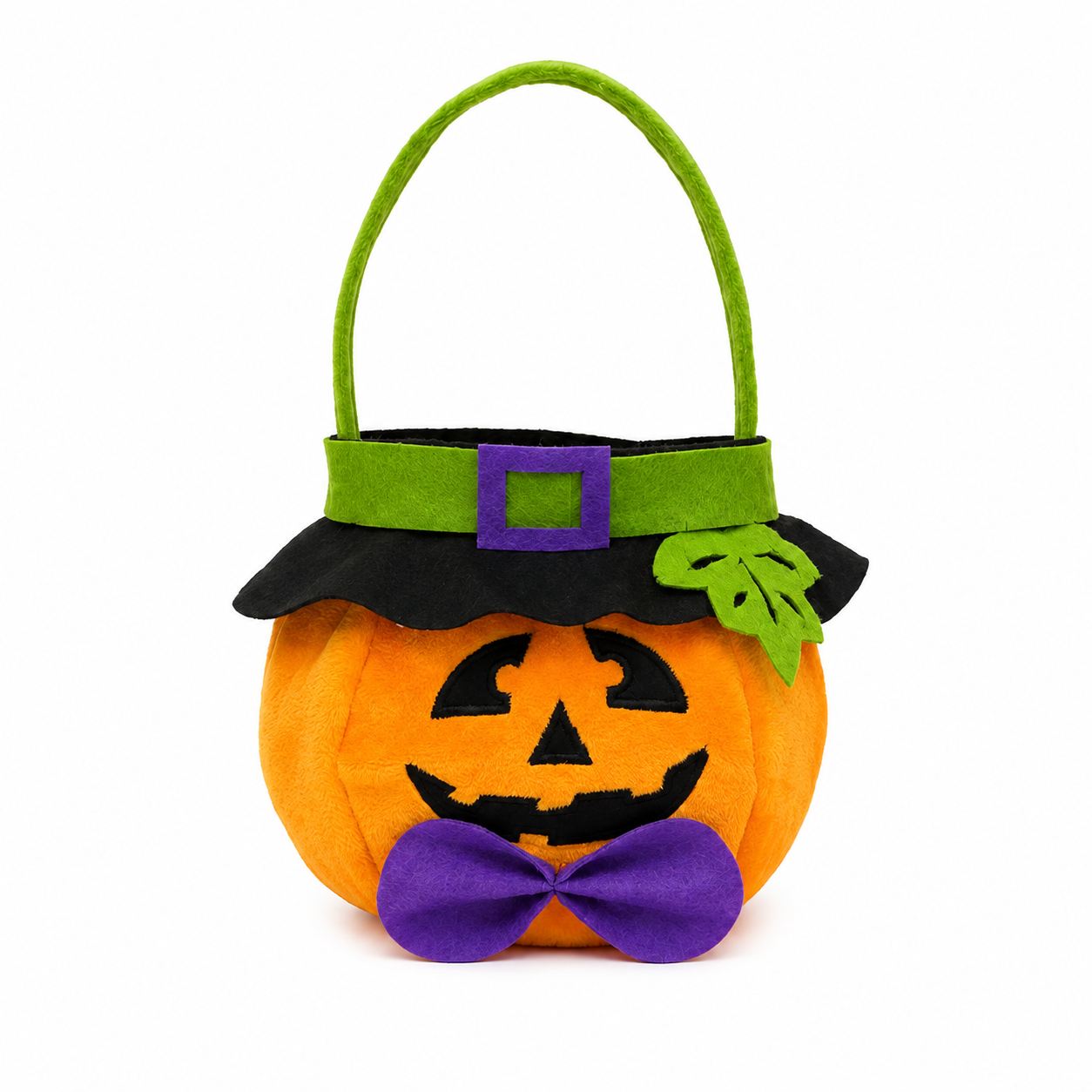 Pumpkin design wearing a hat - Plush Halloween Trick or Treat Candy Bag