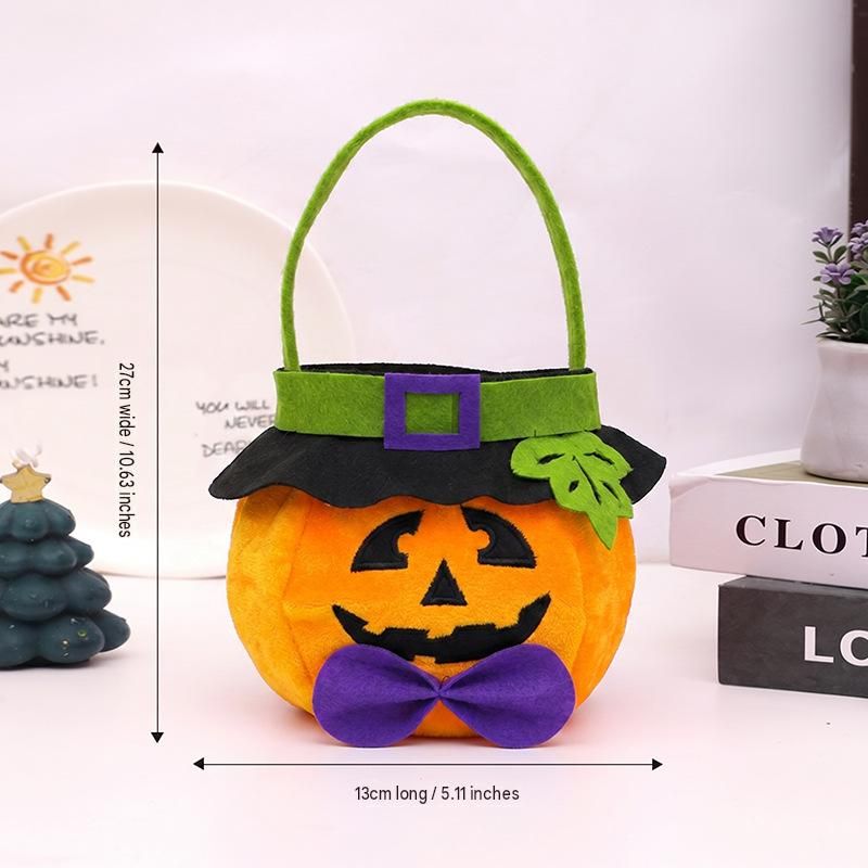Pumpkin design wearing a hat - Plush Halloween Trick or Treat Candy Bag view 6