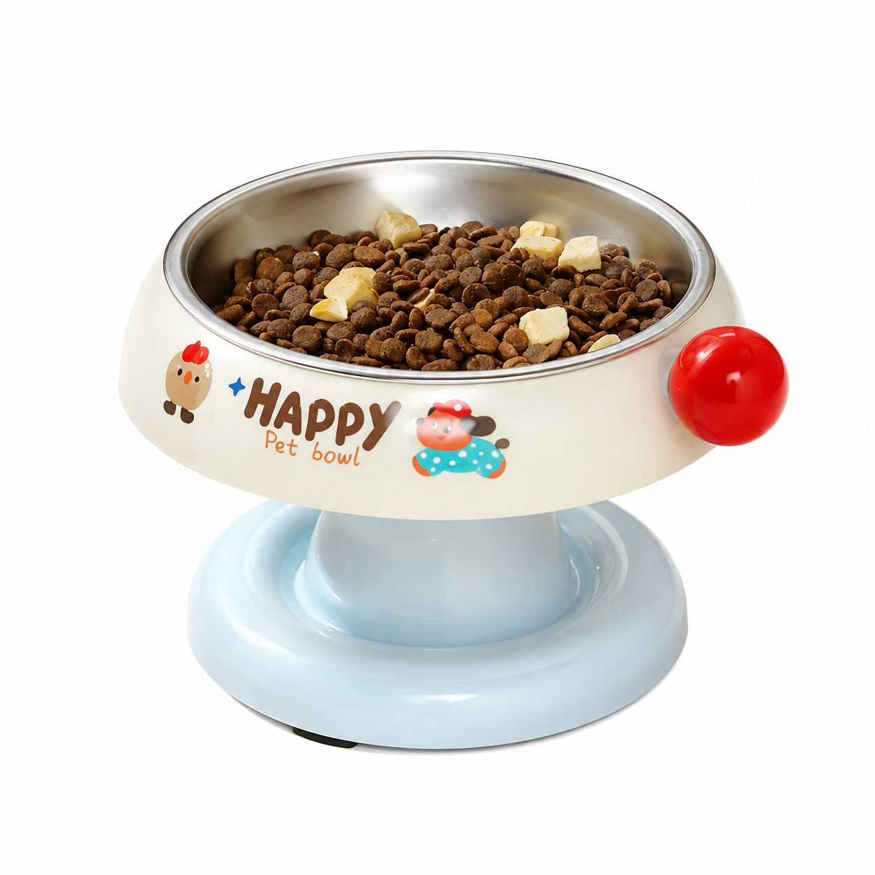 White and Blue Elevated Pet Food Bowl - Stainless Steel Insert