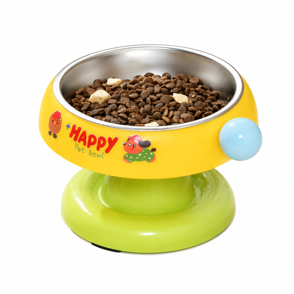 Yellow and Green Elevated Pet Food Bowl - Stainless Steel Insert