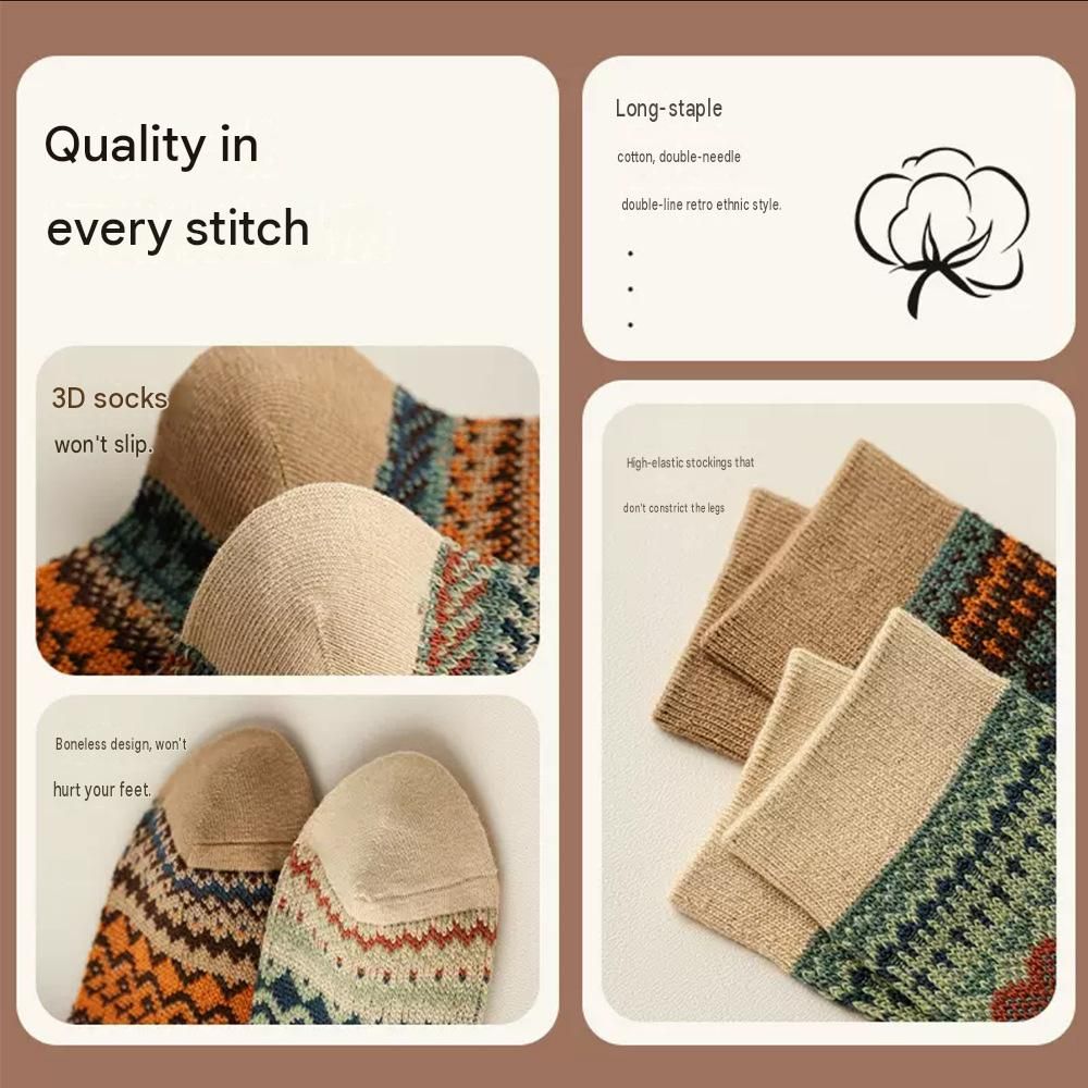 5-pcs Apricot Retro Ethnic Mid-Calf Socks for Women - Soft Cotton Blend view 4