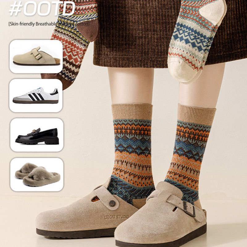 5-pcs Apricot Retro Ethnic Mid-Calf Socks for Women - Soft Cotton Blend view 9