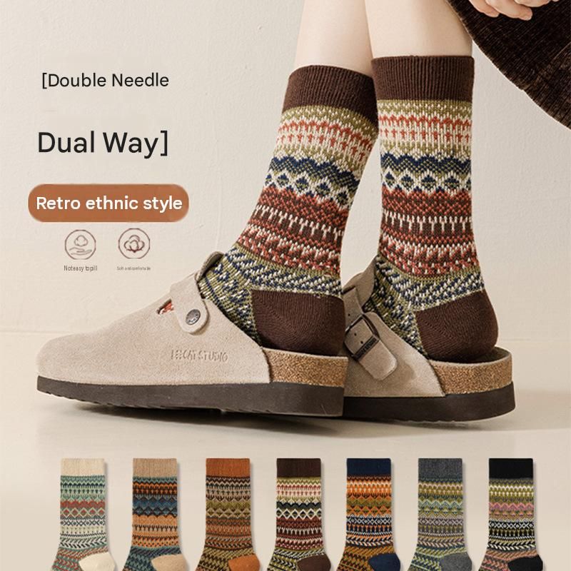 5-pcs Dark gray Retro Ethnic Mid-Calf Socks for Women - Soft Cotton Blend view 2