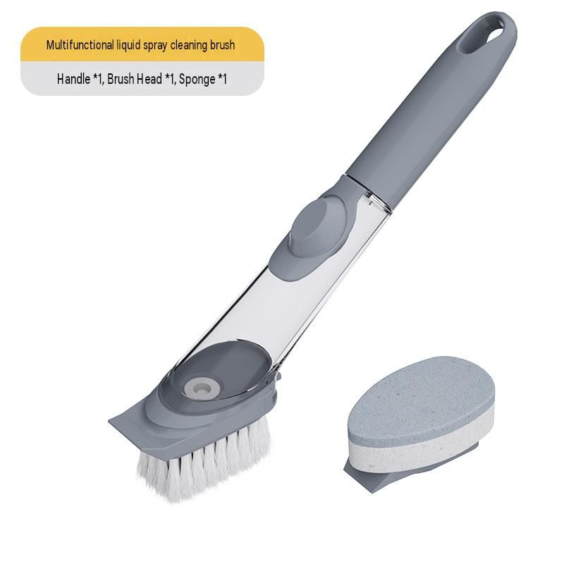 Grey Long Handle Liquid Dispensing Dish Brush（1 brush head+1 sponge brush