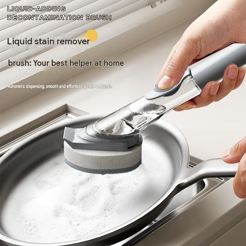 Grey Long Handle Liquid Dispensing Dish Brush（1 brush head+1 sponge brush view 2