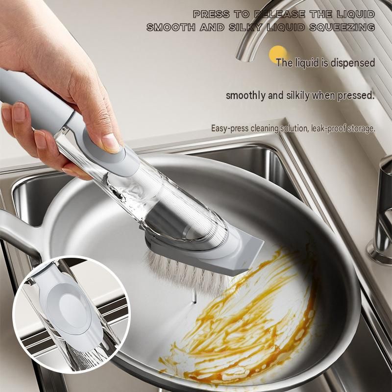 Grey Long Handle Liquid Dispensing Dish Brush（1 brush head+1 sponge brush view 3