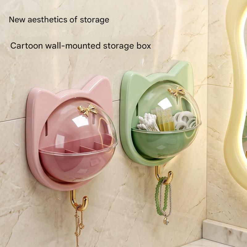 Pink Cat-shaped design Wall Mount Storage Box - Dustproof Transparent Lid with view 2