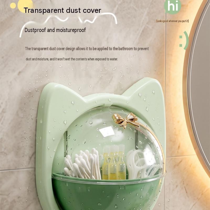 Green Cat-shaped design Wall Mount Storage Box - Dustproof Transparent Lid view 6