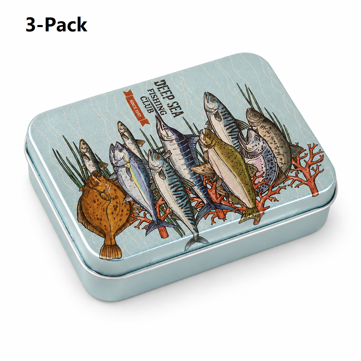 3-Pack Deep-sea fish patterns Portable Metal Storage Box for Cotton Swabs and