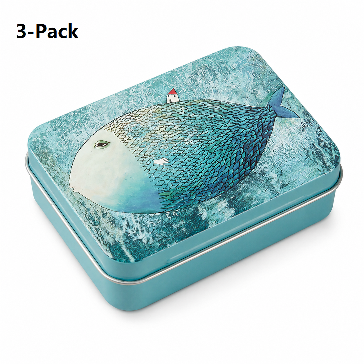 3-Pack Large fish patterns Portable Metal Storage Box for Cotton Swabs and
