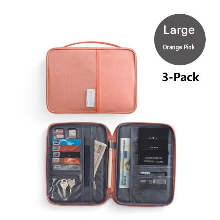 3-pack Large size Orange Pink Travel Document Organiser - Waterproof Oxford