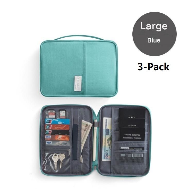 3-pack Large size Blue Travel Document Organiser - Waterproof Oxford Cloth