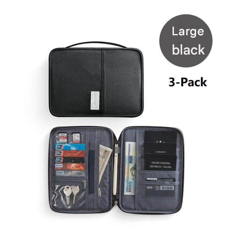 3-pack Large size Black Travel Document Organiser - Waterproof Oxford Cloth