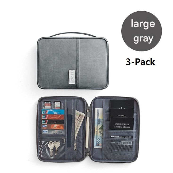3-pack Large size Grey Travel Document Organiser - Waterproof Oxford Cloth