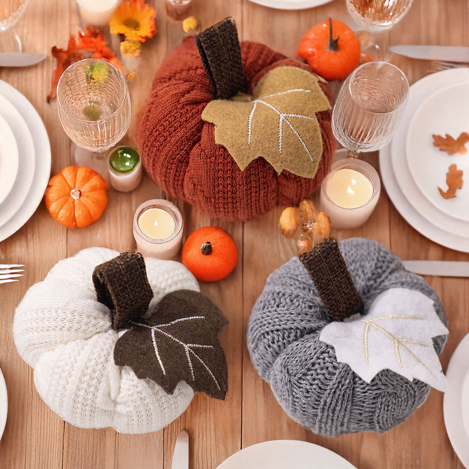 3-pack Brown Knitted Pumpkin Decoration - Polyester Fabric Fall Harvest view 4