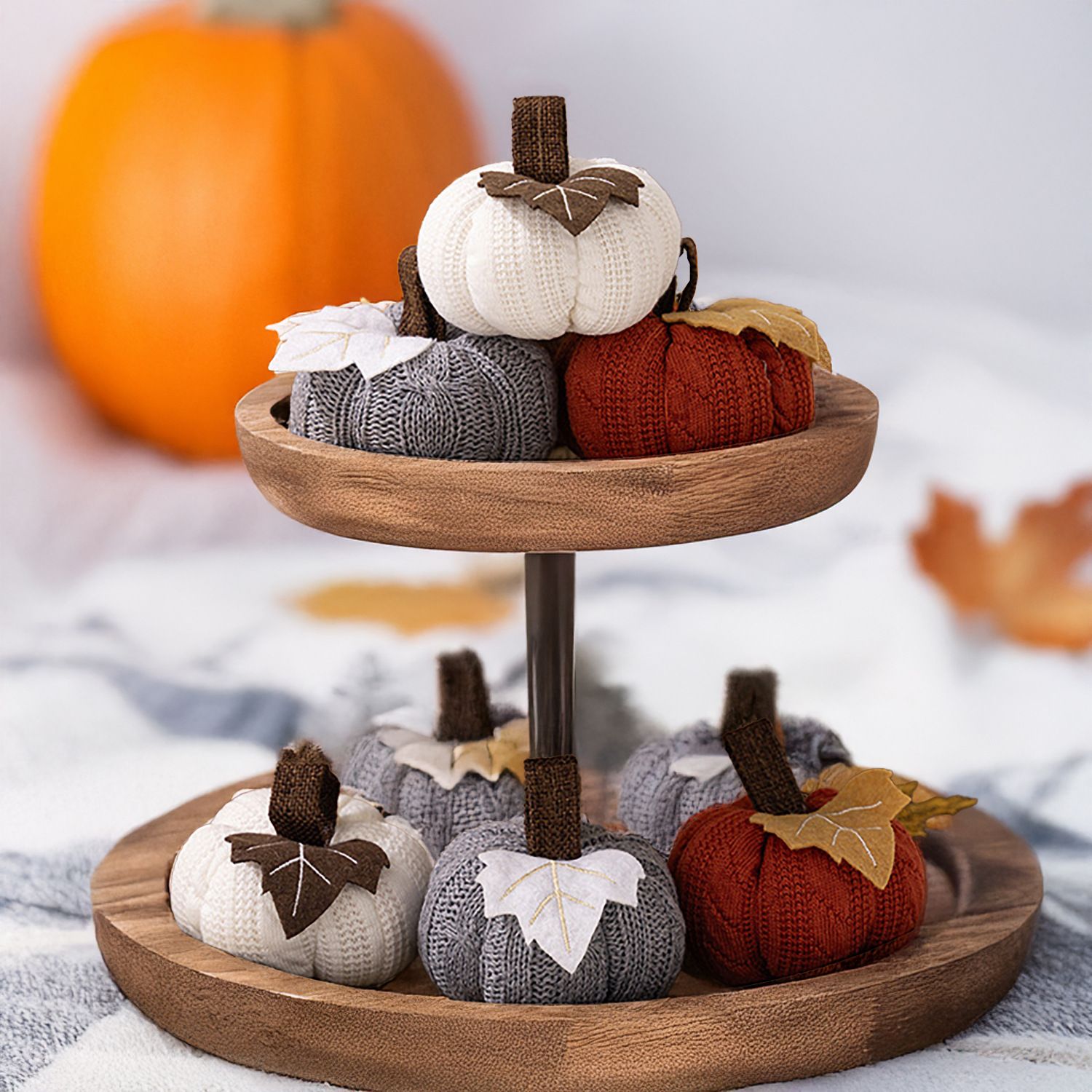 3-pack Brown Knitted Pumpkin Decoration - Polyester Fabric Fall Harvest view 5