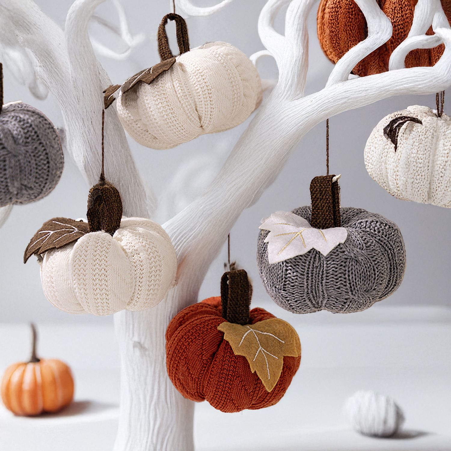 3-pack White Knitted Pumpkin Decoration - Polyester Fabric Fall Harvest view 6