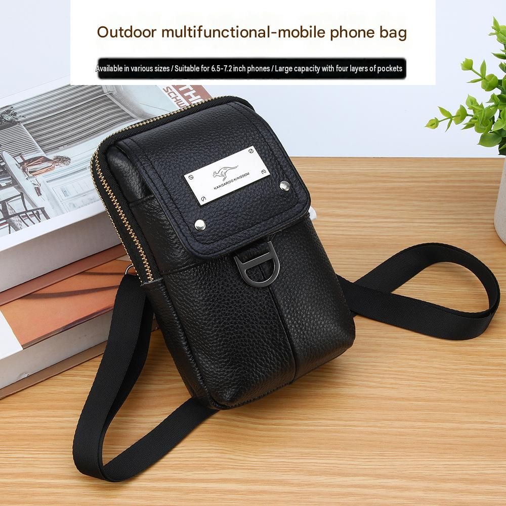 Coffee Men's Genuine Leather Waist Bag - Multi Layer Phone Pouch with Belt view 3