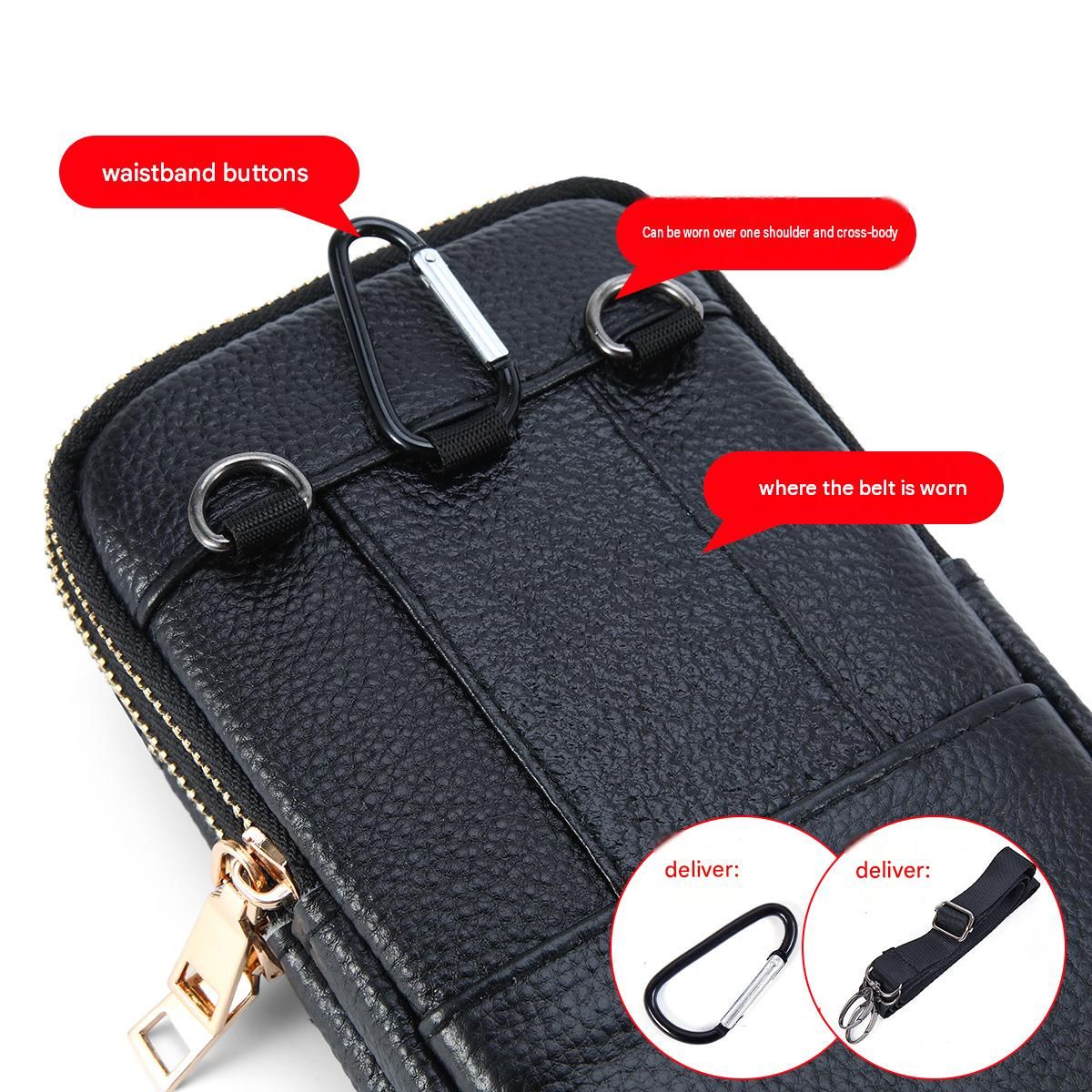 Black Men's Genuine Leather Waist Bag - Multi Layer Phone Pouch with Belt Loop view 6
