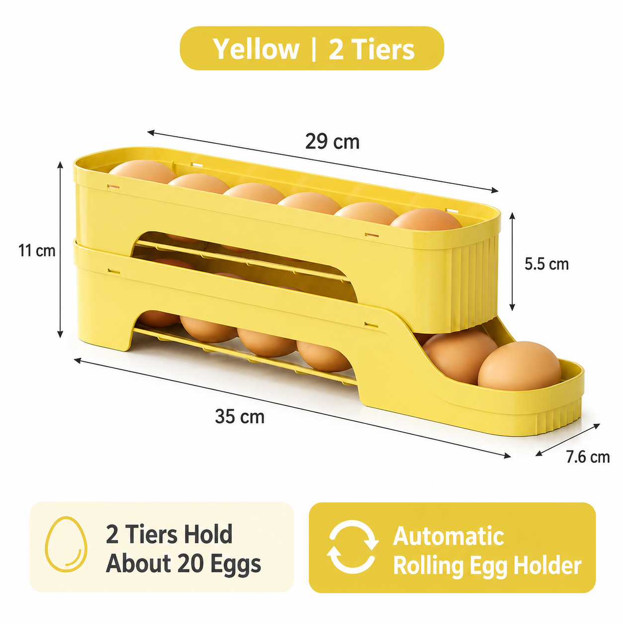 2-Tier Yellow Rolling Egg Storage Box - Grade PP Plastic - Automatic Dispensing