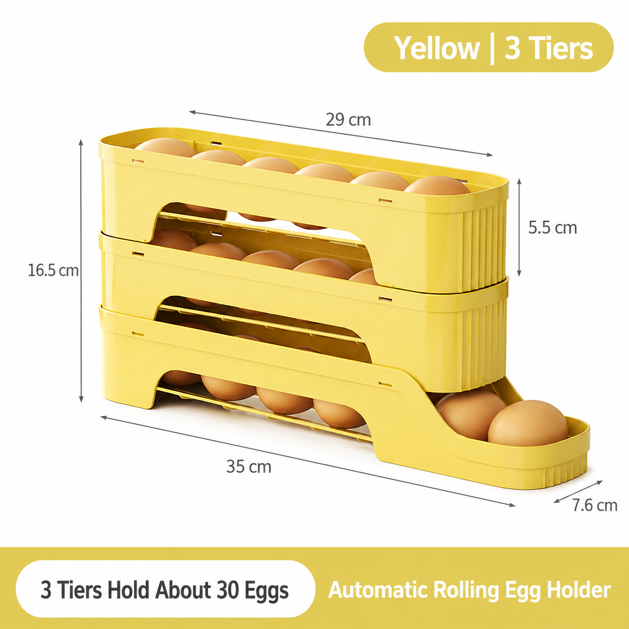 3-Tier Yellow Rolling Egg Storage Box - Grade PP Plastic - Automatic Dispensing