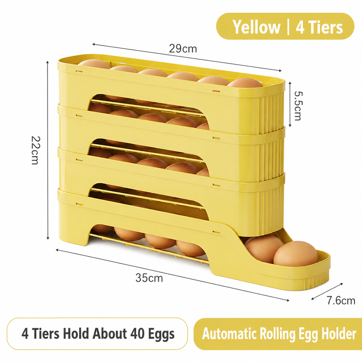 4-Tier Yellow Rolling Egg Storage Box - Grade PP Plastic - Automatic Dispensing