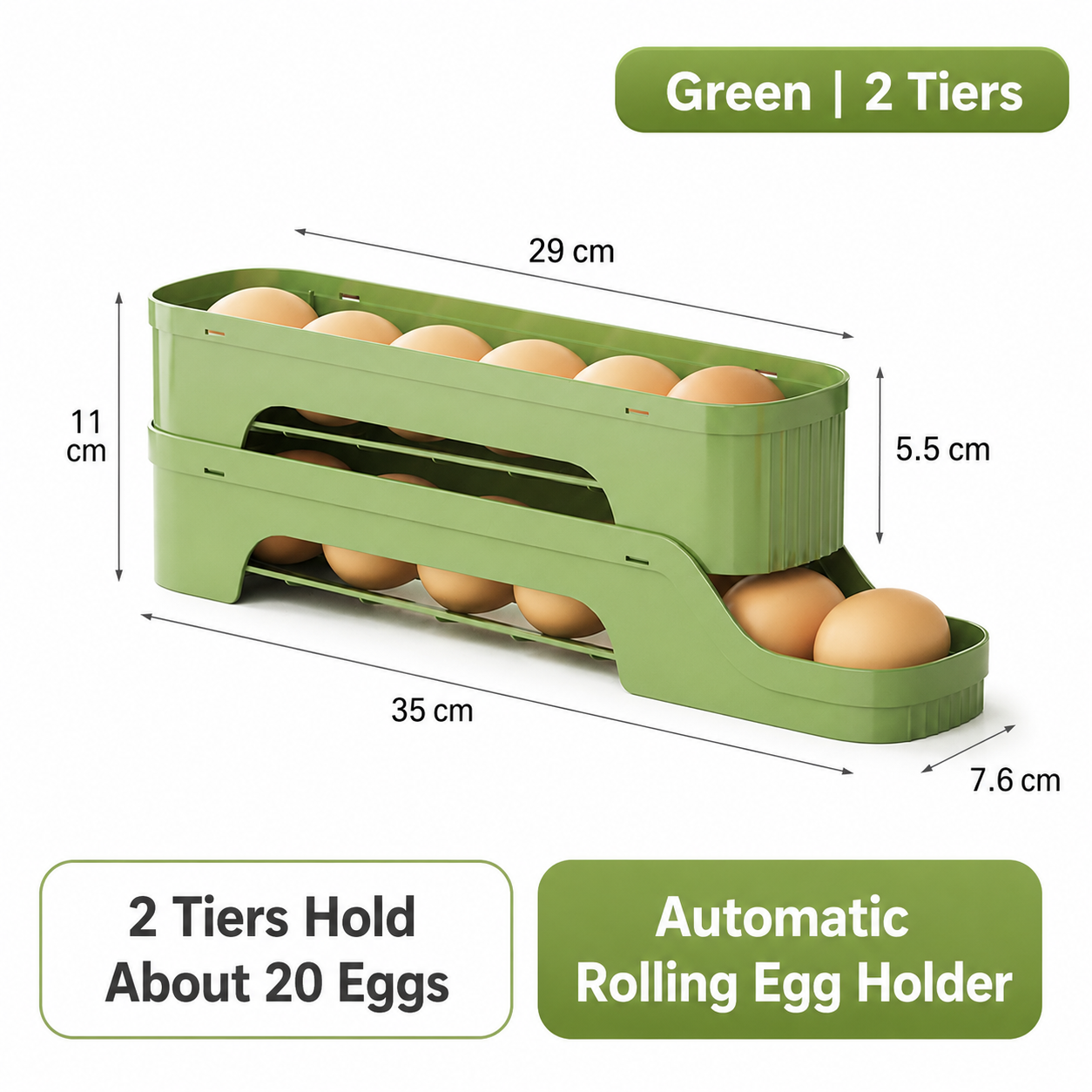2-Tier Green Rolling Egg Storage Box - Grade PP Plastic - Automatic Dispensing