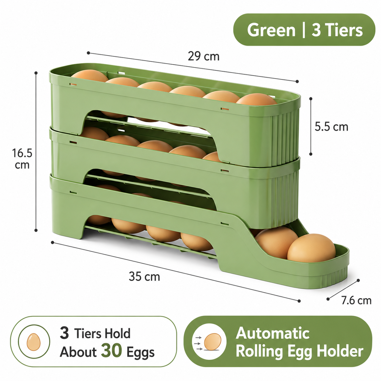 3-Tier Green Rolling Egg Storage Box - Grade PP Plastic - Automatic Dispensing