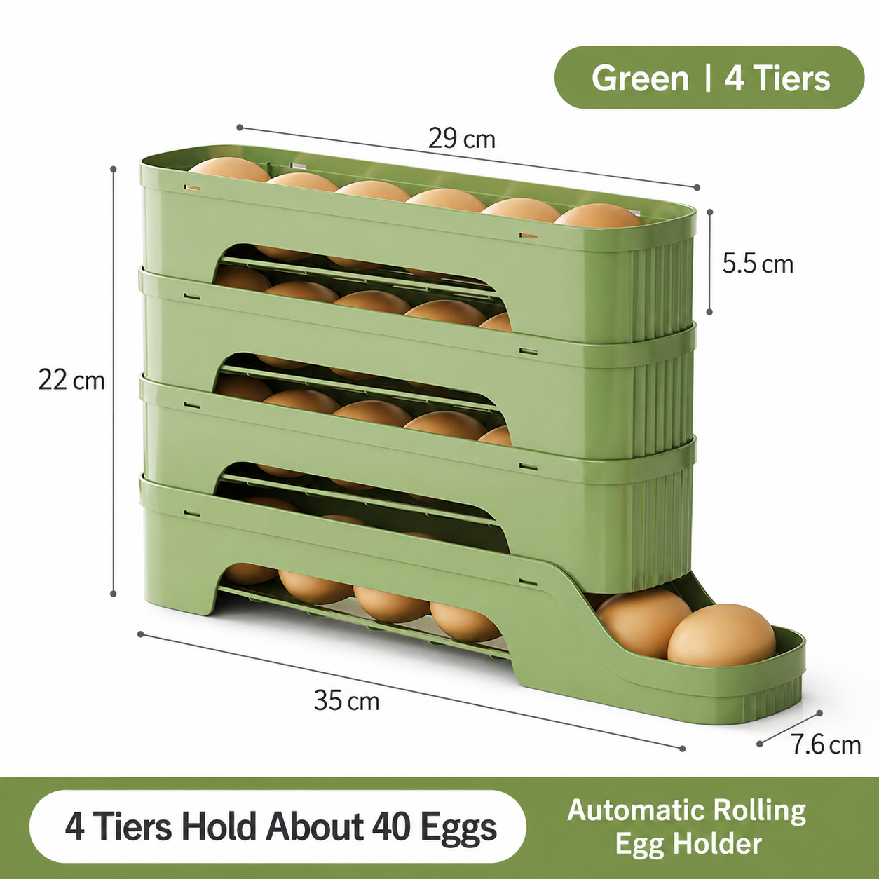4-Tier Green Rolling Egg Storage Box - Grade PP Plastic - Automatic Dispensing