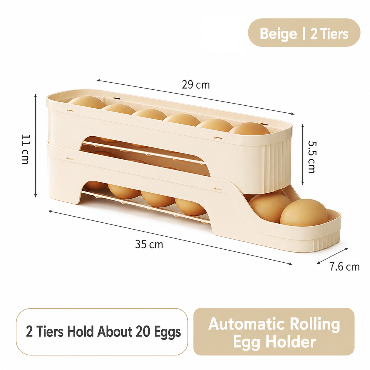 2-Tier Beige Rolling Egg Storage Box - Grade PP Plastic - Automatic Dispensing