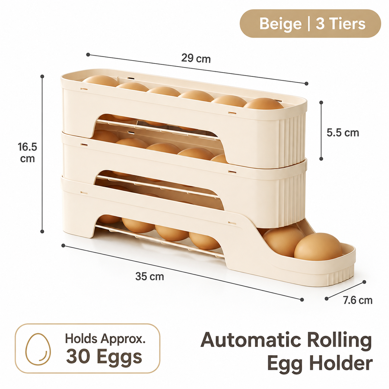 3-Tier Beige Rolling Egg Storage Box - Grade PP Plastic - Automatic Dispensing