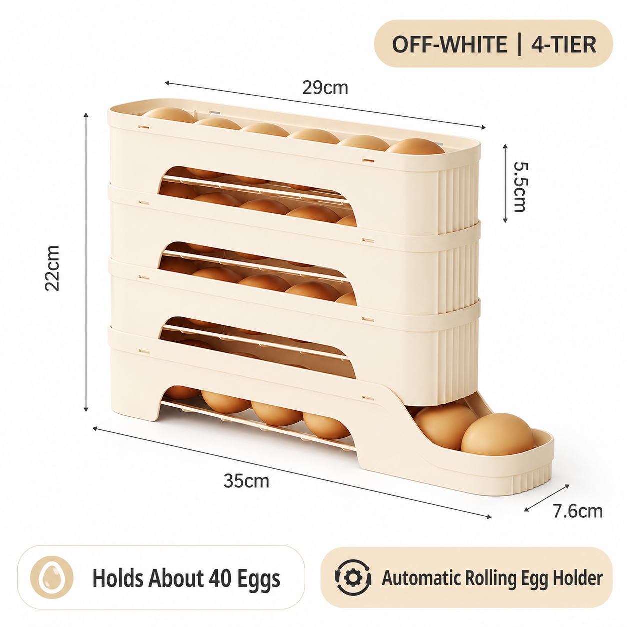 4-Tier Beige Rolling Egg Storage Box - Grade PP Plastic - Automatic Dispensing