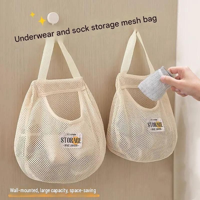 4 pcs Beige Hanging Mesh Storage Bag - Breathable Canvas Organizer for Socks view 2