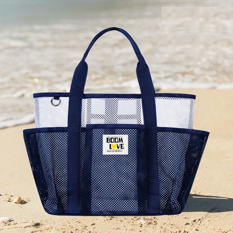 Blue-White Large Capacity Mesh Beach Tote Bag - Breathable Polyester Swim Bag