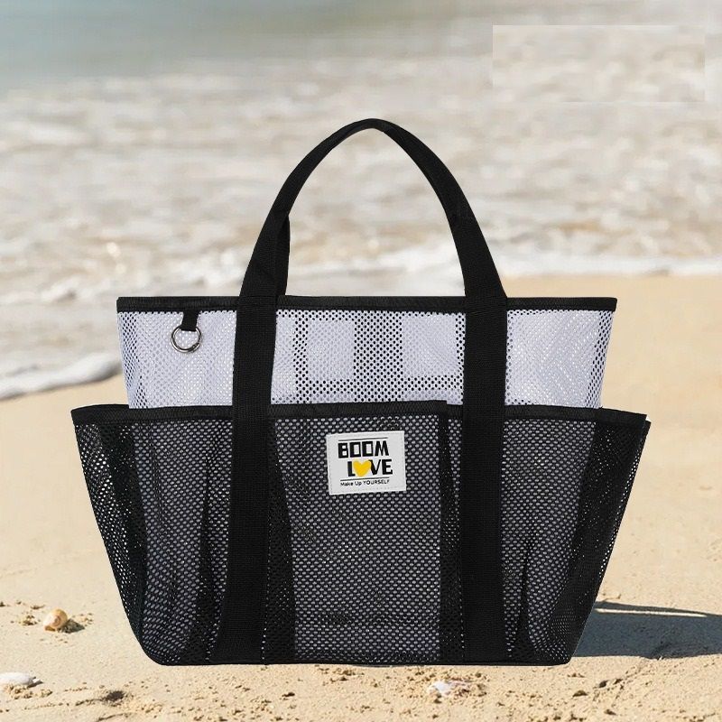 Black-White Large Capacity Mesh Beach Tote Bag - Breathable Polyester Swim Bag