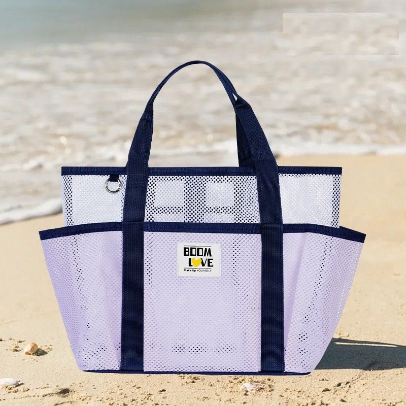 Purple-White Large Capacity Mesh Beach Tote Bag - Breathable Polyester Swim