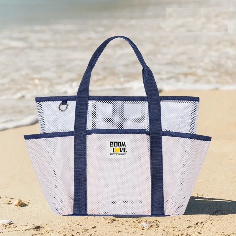 Pink-White Large Capacity Mesh Beach Tote Bag - Breathable Polyester Swim Bag