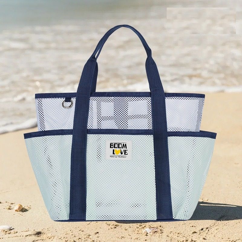 Green-White Large Capacity Mesh Beach Tote Bag - Breathable Polyester Swim Bag