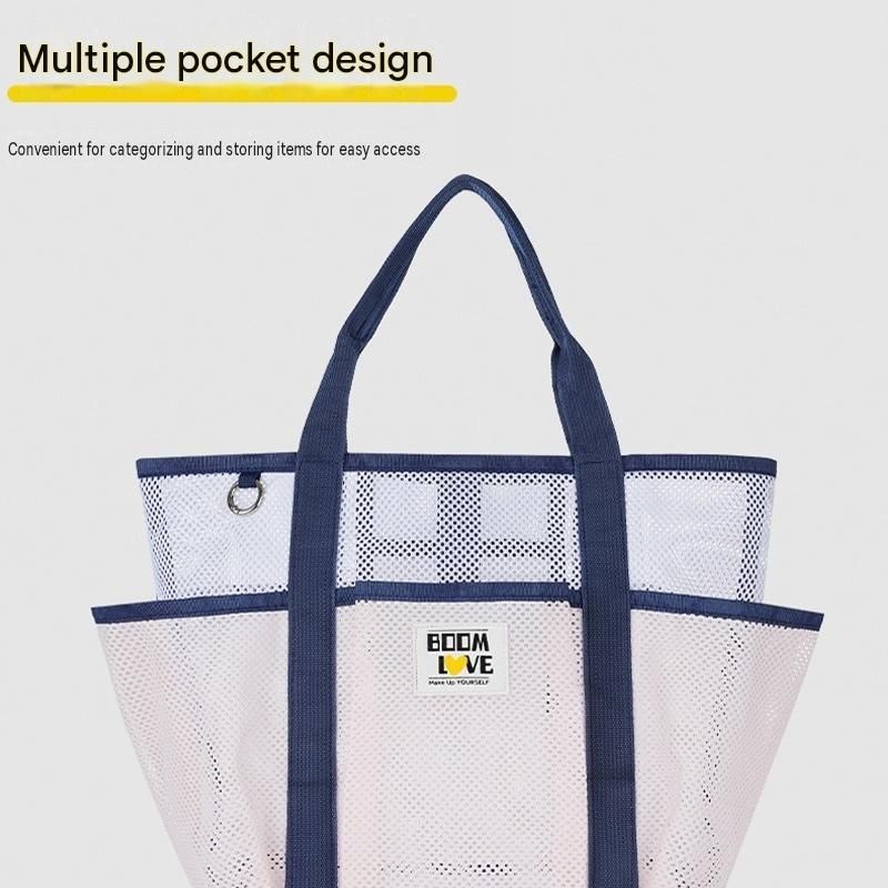 Green-White Large Capacity Mesh Beach Tote Bag - Breathable Polyester Swim Bag view 3