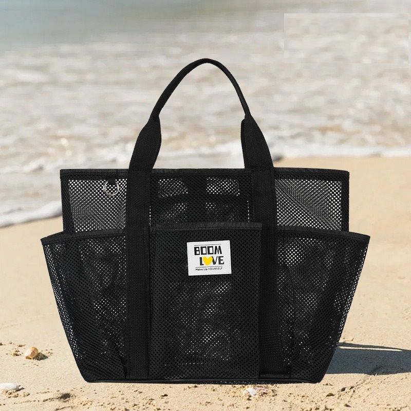 Black Large Capacity Mesh Beach Tote Bag - Breathable Polyester Swim Bag with