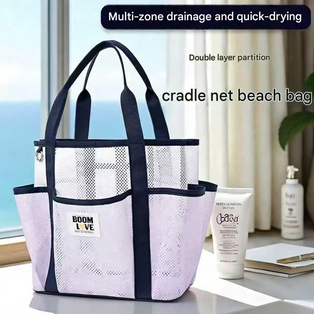 Black Large Capacity Mesh Beach Tote Bag - Breathable Polyester Swim Bag with view 5
